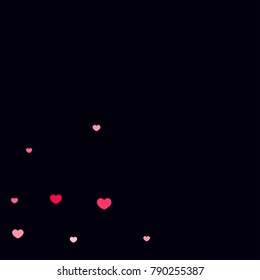 Red Pink Hearts Confetti Falling Background. St. Valentine Day Pattern. Romantic Scattered Hearts Cute Texture. Love. Sweet Moment. Gift. Wedding. Anniversary, Birthday. Vector Illustratuion. 