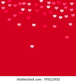 Red Pink Hearts Confetti Falling  Background. St. Valentine's Day Pattern. Romantic Scattered Hearts Cute Texture. Love. Sweet Moment. Gift. Wedding. Anniversary, Birthday. Vector Illustratuion.