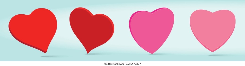 Red and pink hearts of different shapes and angles. 3D vector illustration isolated on blue.