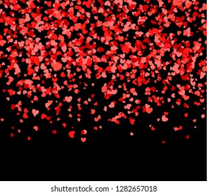 Red and pink hearts falling from the sky. Valentines day pattern with confetti made of hearts. Vector illustration for holiday on black background.