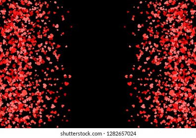 Red and pink hearts falling from the sky and blank space in the center. Valentines day pattern with confetti made of hearts. Vector illustration for holiday on black background.