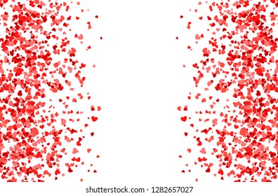 Red and pink hearts falling from the sky and blank space in the center. Valentines day pattern with confetti made of hearts. Vector illustration for holiday on white background.