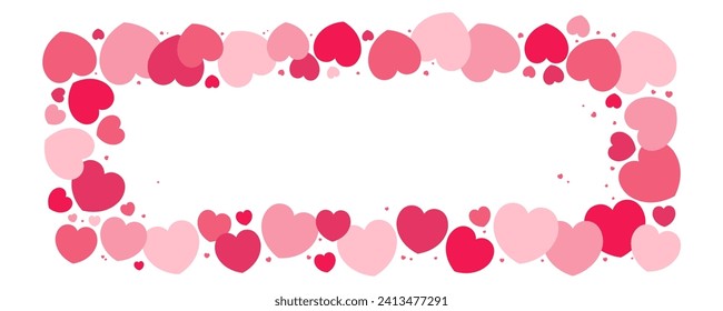 Rojo, marco de corazones rosados, borde sobre fondo transparente, espacio de copia. Ilustración vectorial de estilo plano. Diseño geométrico abstracto. Amor, concepto romántico. Tarjeta de San Valentín, afiche, banner, promoción