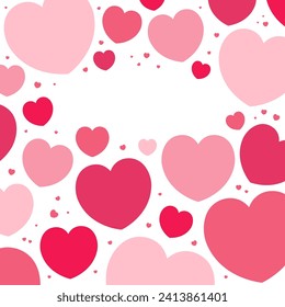 Red, pink hearts frame, border on transparent background, copy space. Flat style vector illustration. Abstract geometric design. Love, romance concept. Valentines day card, poster, banner, promotion
