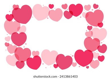 Rojo, marco de corazones rosados, borde sobre fondo transparente, espacio de copia. Ilustración vectorial de estilo plano. Diseño geométrico abstracto. Amor, concepto romántico. Tarjeta de San Valentín, afiche, banner, promoción