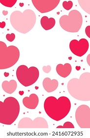 Rojo, marco de corazones rosados, borde sobre fondo transparente, espacio de copia. Ilustración vectorial de estilo plano. Diseño geométrico abstracto. Amor, concepto romántico. Tarjeta de San Valentín, afiche, banner, promoción