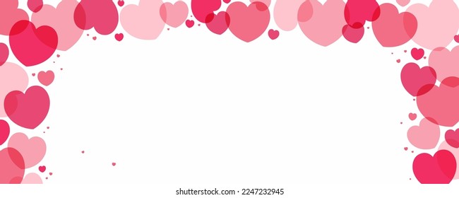Rojo, los corazones rosados se enmarcan en blanco, con espacio para copiar. Ilustración vectorial de estilo plano. Diseño geométrico abstracto. Amor, concepto romántico. Tarjeta de San Valentín, afiche, banner, promoción, venta, publicidad