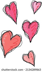corazones rojos y rosados sobre un fondo blanco.	