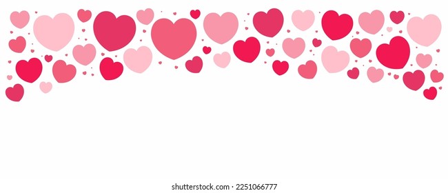 Red, pink hearts on white background, copy space. Flat style vector illustration. Abstract geometric design. Love, romance concept. Valentines day card, poster, banner, promotion, sale advertising