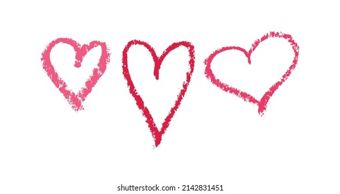 Corazones Rojo y Rosa pintados con lápiz labial y lápiz. Un estilo de moda dibujado a mano. Esbozo. Un símbolo de amor romántico. Fondo blanco. Ilustración de San Valentín. Vector.