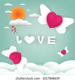 red and pink  hearts paper with Lover on blue sky background with  love message for Design,Valentine's day,Vector illustration eps 10