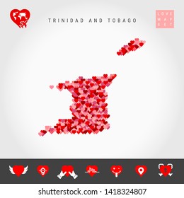 Red and Pink Hearts Pattern Vector Map of Trinidad and Tobago Isolated on Grey Background. Love Icon Set.