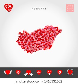 Red and Pink Hearts Pattern Vector Map of Hungary Isolated on Grey Background. Love Icon Set.