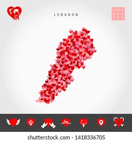 Red and Pink Hearts Pattern Vector Map of Lebanon Isolated on Grey Background. Love Icon Set.