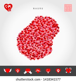 Red and Pink Hearts Pattern Vector Map of Nauru Isolated on Grey Background. Love Icon Set.