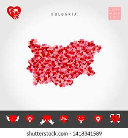 Red and Pink Hearts Pattern Vector Map of Bulgaria Isolated on Grey Background. Love Icon Set.