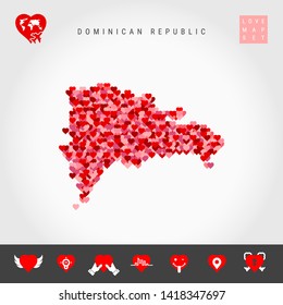 Red and Pink Hearts Pattern Vector Map of Dominican Republic Isolated on Grey Background. Love Icon Set.