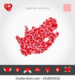 Red and Pink Hearts Pattern Vector Map of South Africa Isolated on Grey Background. Love Icon Set.