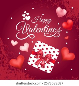 Red and pink hearts scattered around symbolize love Happy Valentine's in festive font with a gift box wrapped in a red ribbon and heart pattern creates a romantic vibe ValentinesDay Love