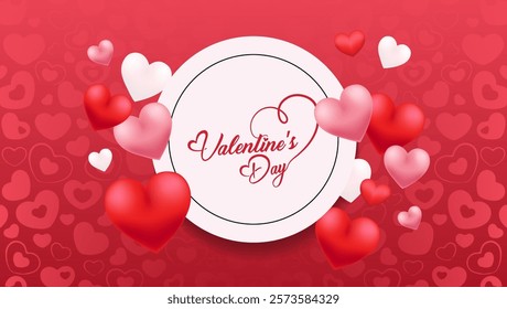 Red and pink hearts are scattered throughout symbolizing love and affection Valentine's Day in festive font within a circular frame with a heart-patterned background creating a romantic atmospher