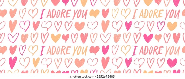 Red and pink hearts seamless banner background with phrase I adore you. Crayon drawn cute hearts, linear and silhouette elements. Retro romantic background print. Valentine's day seamless pattern.