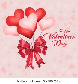  Red and pink hearts tied with a large red bow resembling heart shaped balloons Happy Valentine's Day is written in festive font on a light pink background creating a romanti atmosphere