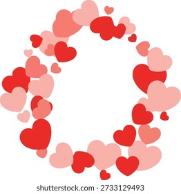 Red and pink hearts of various sizes form a ring around a blank, white space