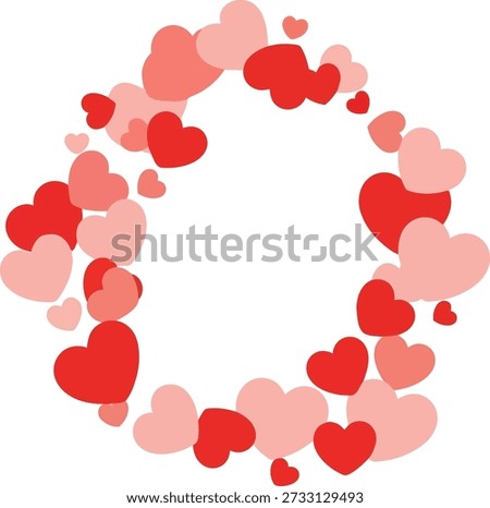 Red and pink hearts of various sizes form a ring around a blank, white space