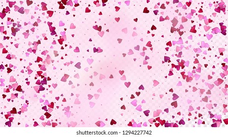 Red, Pink Hearts Vector Confetti. Valentines Day Romantic Pattern. Beautiful Pink Frame Valentines Day Decoration with Falling Down Hearts Confetti. Luxury Gift, Birthday Card, Poster Background