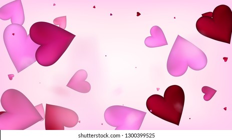 Red, Pink Hearts Vector Confetti. Valentines Day Romantic Pattern. Beautiful Pink Scatter Valentines Day Decoration with Falling Down Hearts Confetti. Luxury Gift, Birthday Card, Poster Background
