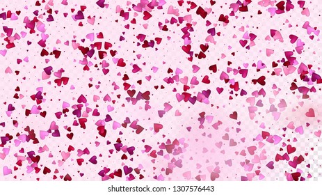 Red, Pink Hearts Vector Confetti. Valentines Day Tender Pattern. Luxury Gift, Birthday Card, Poster Background Valentines Day Decoration with Falling Down Hearts Confetti. Beautiful Pink Design