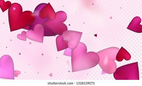 Red, Pink Hearts Vector Confetti. Valentines Day Tender Pattern. Trendy Gift, Birthday Card, Poster Background Valentines Day Decoration with Falling Down Hearts Confetti. Beautiful Pink Design