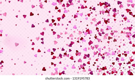 Red, Pink Hearts Vector Confetti. Valentines Day Tender Pattern. Luxury Gift, Birthday Card, Poster Background Valentines Day Decoration with Falling Down Hearts Confetti. Beautiful Pink Glitter