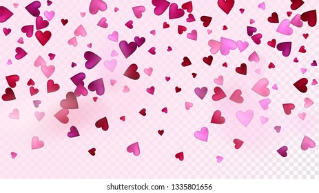 Red, Pink Hearts Vector Confetti. Valentines Day Tender Pattern. Beautiful Pink Design Valentines Day Decoration with Falling Down Hearts Confetti. Trendy Gift, Birthday Card, Poster Background