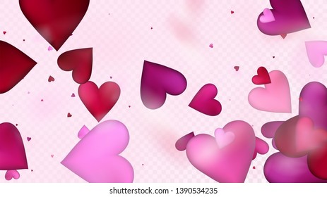 Red, Pink Hearts Vector Confetti. Valentines Day Wedding Pattern. Trendy Gift, Birthday Card, Poster Background Valentines Day Decoration with Falling Down Hearts Confetti. Beautiful Pink Frame