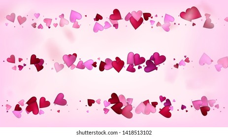 Red, Pink Hearts Vector Confetti. Valentines Day Wedding Pattern. Elegant Gift, Birthday Card, Poster Background Valentines Day Decoration with Falling Down Hearts Confetti. Beautiful Pink Frame