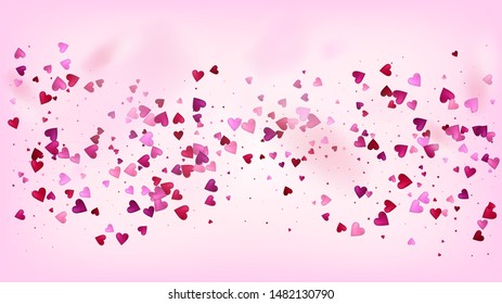 Red, Pink Hearts Vector Confetti. Valentines Day Romantic Pattern. Beautiful Pink Sparkles Valentines Day Decoration with Falling Down Hearts Confetti. Rich VIP Gift, Birthday Card, Poster Background