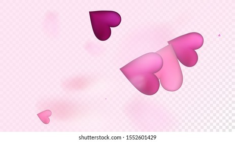 Red, Pink Hearts Vector Confetti. Valentines Day Romantic Pattern. Beautiful Pink Design Valentines Day Decoration with Falling Down Hearts Confetti. Trendy Gift, Birthday Card, Poster Background