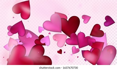 Red, Pink Hearts Vector Confetti. Valentines Day Tender Pattern. Beautiful Pink Sparkles Valentines Day Decoration with Falling Down Hearts Confetti. Trendy Gift, Birthday Card, Poster Background