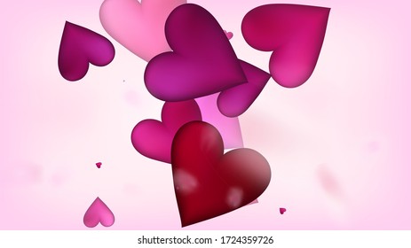 Red, Pink Hearts Vector Confetti. Valentines Day Wedding Pattern. Elegant Gift, Birthday Card, Poster Background Valentines Day Decoration with Falling Down Hearts Confetti. Beautiful Pink Frame
