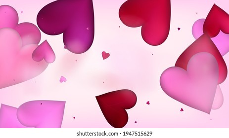 Red, Pink Hearts Vector Confetti. Valentines Day Romantic Pattern. Beautiful Pink Design Valentines Day Decoration with Falling Down Hearts Confetti. Elegant Gift, Birthday Card, Poster Background