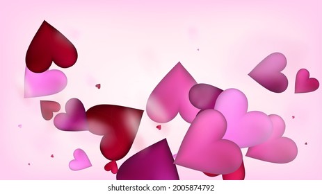 Red, Pink Hearts Vector Confetti. Valentines Day Tender Pattern. Beautiful Pink Frame Valentines Day Decoration with Falling Down Hearts Confetti. Trendy Gift, Birthday Card, Poster Background