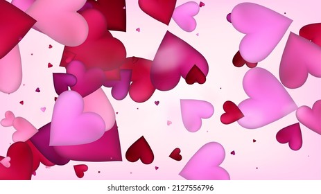 Red, Pink Hearts Vector Confetti. Valentines Day Tender Pattern. Elegant Gift, Birthday Card, Poster Background Valentines Day Decoration with Falling Down Hearts Confetti. Beautiful Pink Sparkles