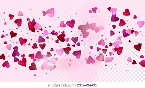 Red, Pink Hearts Vector Confetti. Valentines Day Tender Pattern. Luxury Gift, Birthday Card, Poster Background Valentines Day Decoration with Falling Down Hearts Confetti. Beautiful Pink Frame