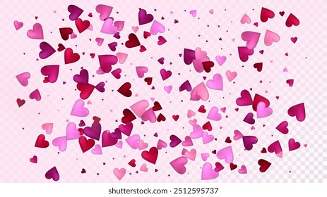 Red, Pink Hearts Vector Confetti. Valentines Day Romantic Pattern. Elegant Gift, Birthday Card, Poster Background Valentines Day Decoration with Falling Down Hearts Confetti. Beautiful Pink Frame