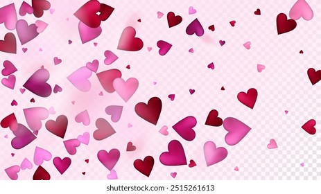 Rote, rosa Herzen, Vektorkonfetti. Hochzeitsmuster zum Valentinstag. Trendy Geschenk, Geburtstagskarte, Plakat Hintergrund Valentinstag Dekoration mit Falling Down Hearts Confetti. Schöne rosa Streuer