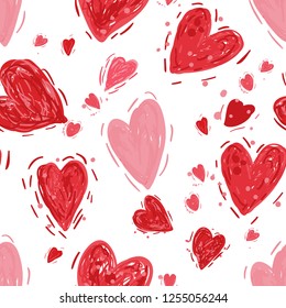 Red and pink hearts. Vector seamless pattern. Valentines day background. Simple textile print. Fabric swatch or wrapping paper. Modern stylish texture.