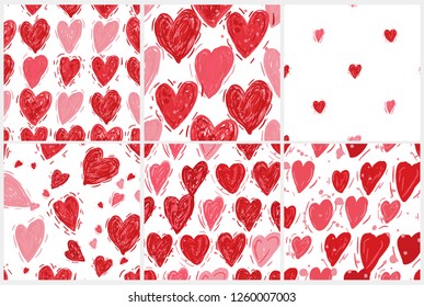 Red and pink hearts. Vector seamless pattern set. Valentines day background. Simple textile print. Fabric swatch or wrapping paper. Modern stylish texture. Good for wedding design