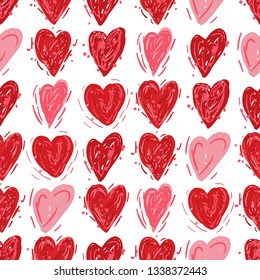 Red and pink hearts. Vector seamless pattern. Valentines day background. Fabric swatch or wrapping paper. Modern stylish texture. Good for wedding design