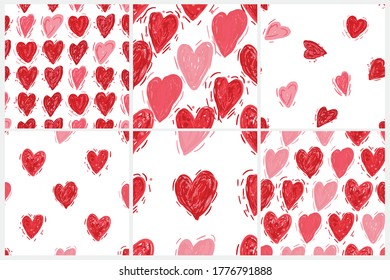 Red and pink hearts. Vector seamless pattern set. Valentines day background. Fabric swatch or wrapping paper. Modern stylish texture. Good for wedding design